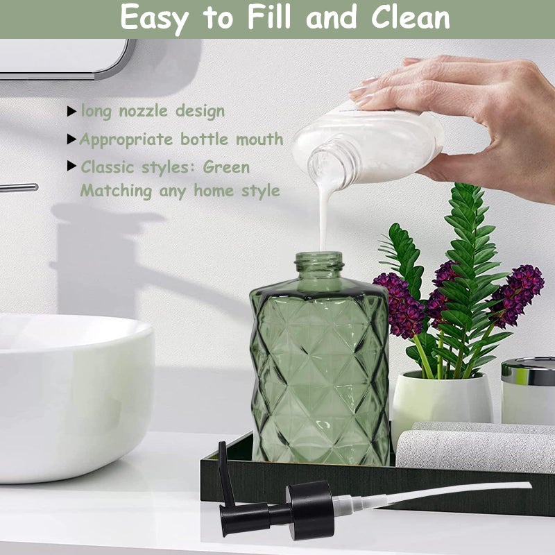 YYTSGG Green Glass Soap Dispenser with Black Plastic Pump  12oz Refillable Liquid Hand Soap Dispenser  2 Pack Crystal Lotion Bottle for Modern Home Decor  Bathroom  Kitchen Countertop  Hotel - Image 3